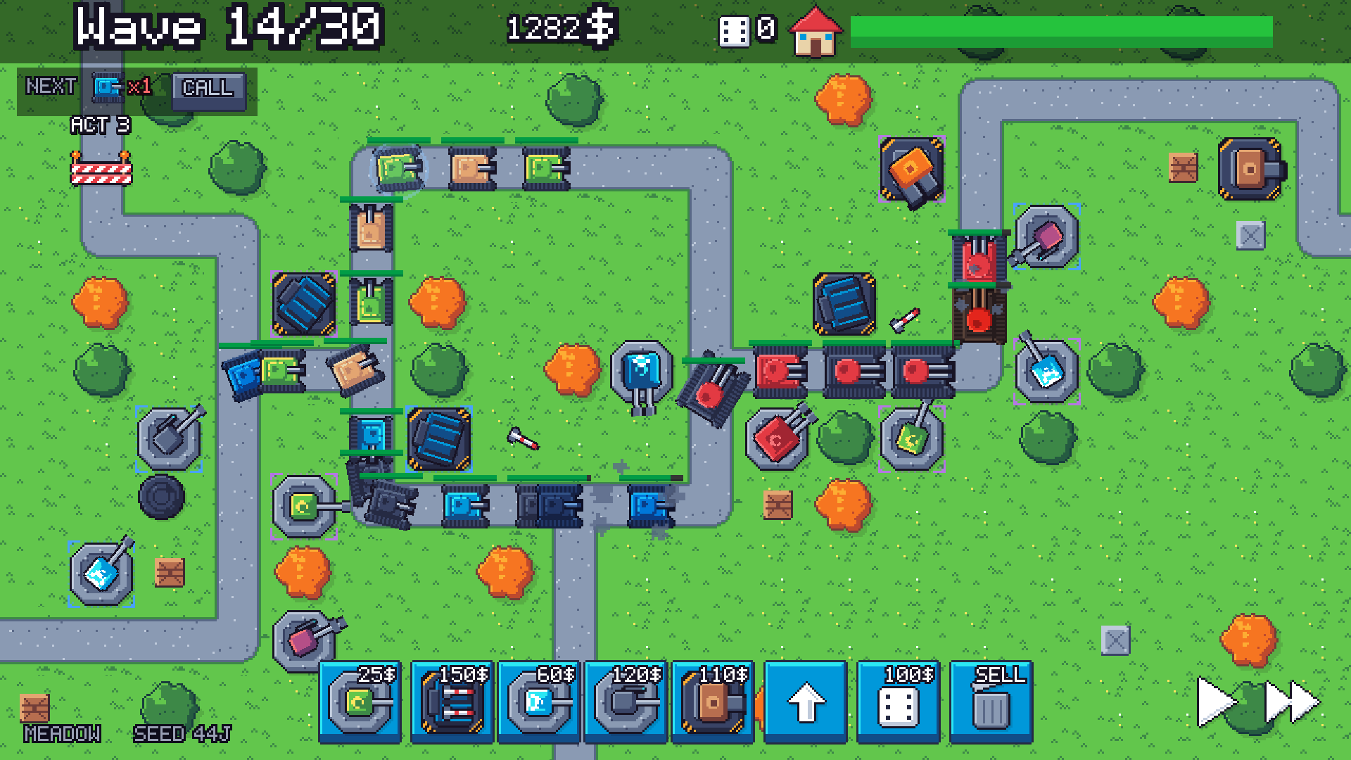 A mid-game fight on the Meadow: towers along a winding road and a column of tanks