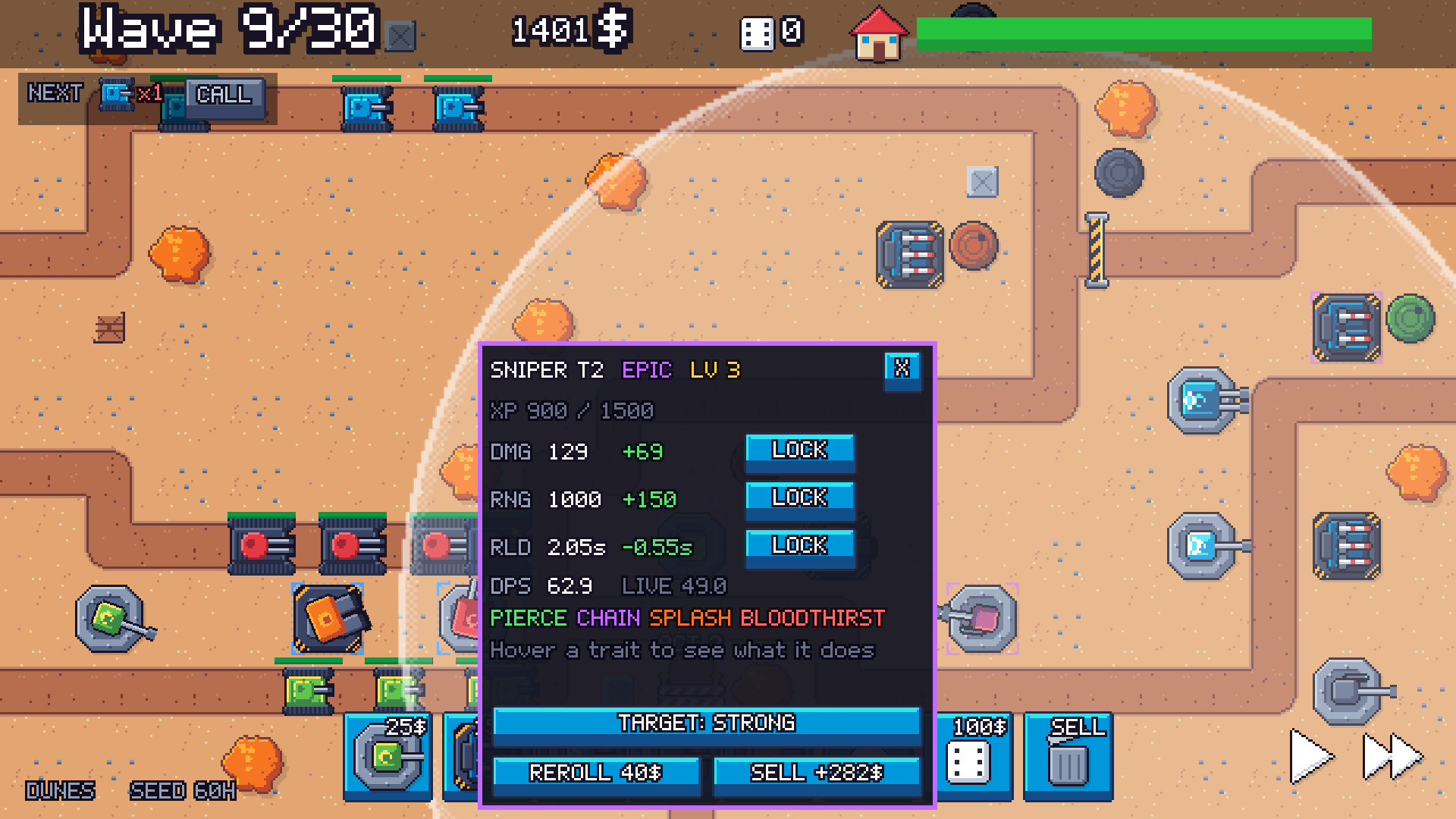 An Epic sniper tower's panel with its rolled stats, traits and lock buttons
