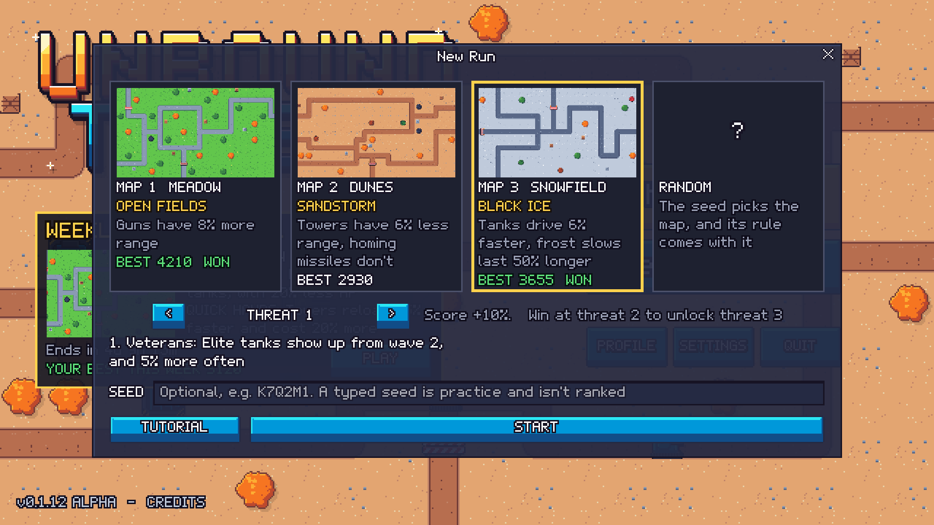 The New Run screen: three maps with their rules, the threat level and a seed field